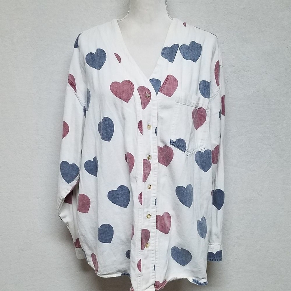 Vintage 80s Carolina Colours 11 White Blue Red Heart Denim V-neck Button Up Top - Picture 4 of 13